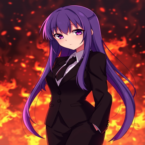 anime girl with long purple hair in a black suit standing confidently against a fiery background, high-resolution, DSLR camera, f/2.8 aperture, ISO 100, 50mm lens, portrait orientation, dramatic lighting