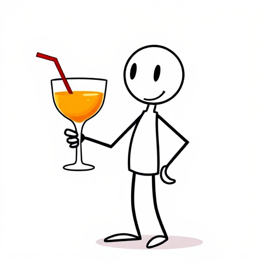 create a vector-style illustration of a simplistic stick figure character holding a cocktail glass, using soft lighting and a clean background, with a focus on vibrant colors and smooth lines, captured with a DSLR camera at f/2.8, ISO 100, 50mm lens, with a shallow depth of field and an eye-level view to enhance detail and quality.