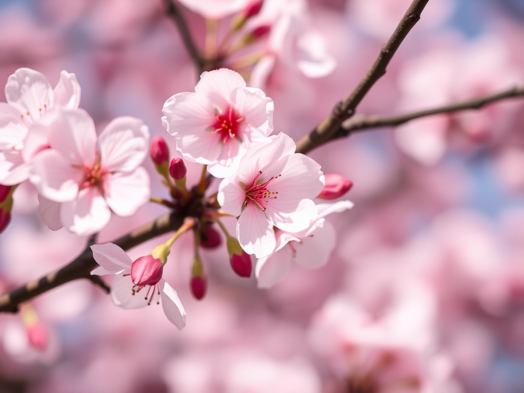 Capture a close-up shot of cherry blossoms in full bloom with a shallow depth of field, using a DSLR camera with a 50mm f/1.8 lens, aperture set to f/2.8, ISO 100, and a shutter speed of 1/200s, ensuring a soft bokeh background and vibrant colors.