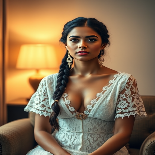 Create a portrait of a refined and elegant Nepali woman seated in a sophisticated setting. She has long, wavy hair styled in two thick braids that are pulled over her shoulders. She wears a white, lace gown with intricate patterns, featuring a deep V-neckline and short sleeves. The dress exudes a vintage charm with its delicate lacework. She is adorned with ornate, dangling earrings that add a touch of glamour to her appearance. The background is softly lit, with warm, ambient lighting that creates a cozy and inviting atmosphere. Her expression is poised and serene, capturing a sense of grace and elegance.