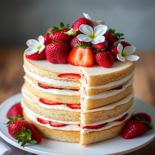 A beautifully layered cake with three tiers showcasing soft sponge layers filled with fresh strawberries and cream, topped with a generous amount of strawberries and delicate white flowers, with a slice cut out revealing the delicious filling inside.