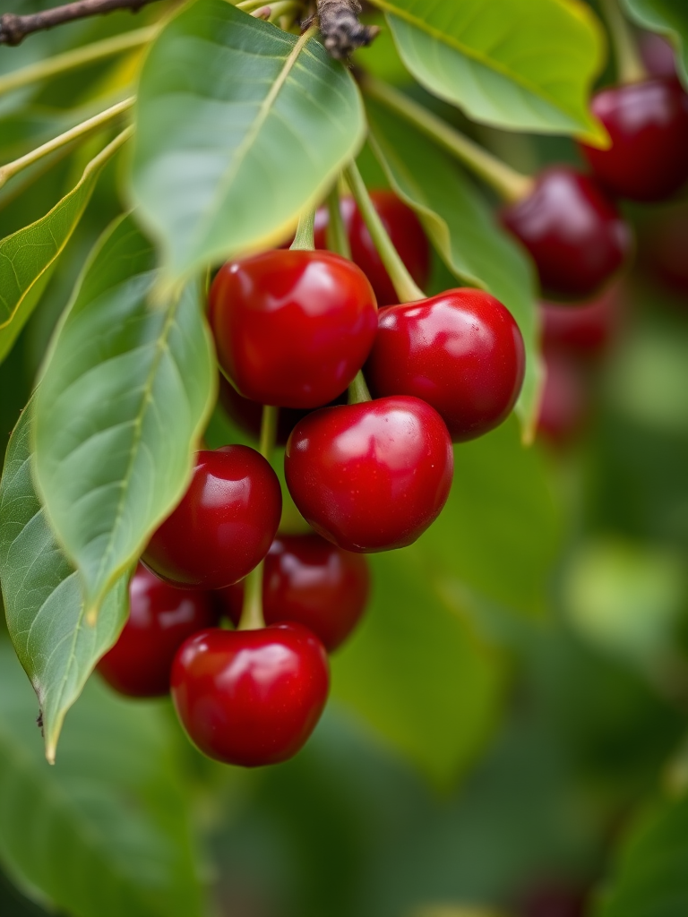 Photograph ripe red cherries hanging from a branch amidst lush green leaves, shallow depth of field, ISO 200, f/2.8, 1/250 sec, macro lens, DSLR camera, natural lighting.