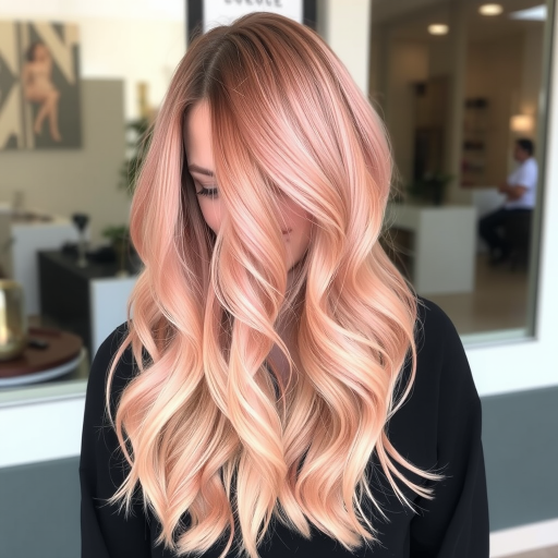 Soft rose gold balayage on a long, layered cut with face-framing tendrils and subtle waves, creating a romantic and feminine "Blushing Goddess" hairstyle