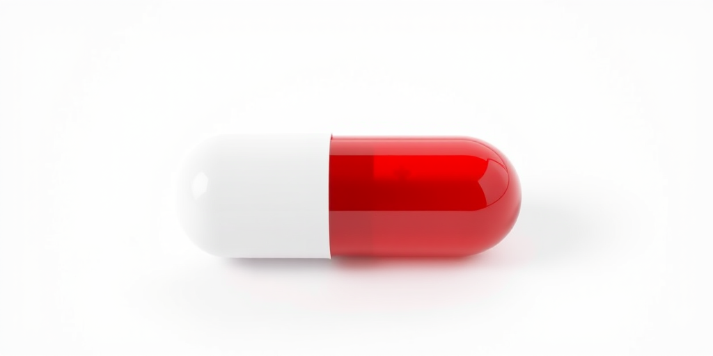 Create a high-resolution digital illustration of a red and white capsule with a medical cross symbol, using a macro lens at f/2.8 aperture, 1/200s shutter speed, and ISO 100, centered on a plain white background to emphasize the capsule's glossy texture and vibrant colors.
