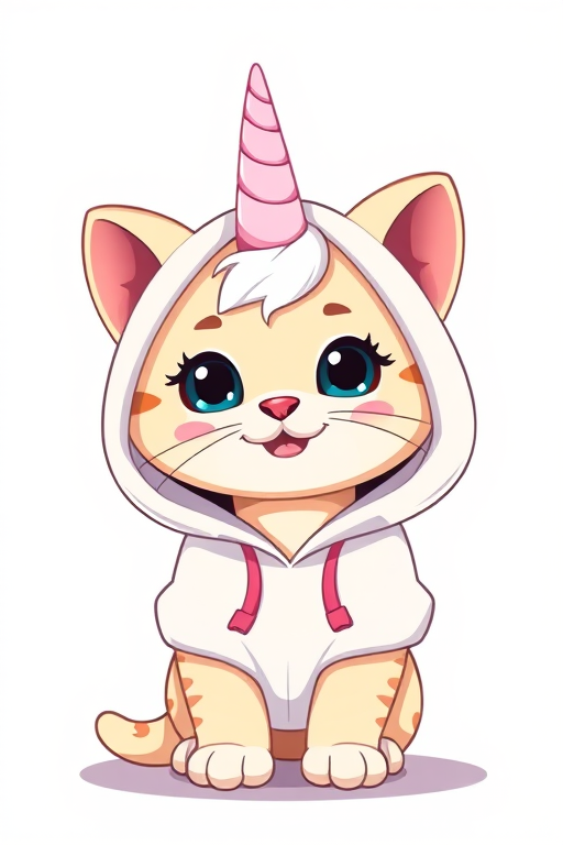 Create a cute cartoon illustration of a kitten with a unicorn horn wearing a white hoodie, use a bright color palette, feature soft outlines and a cheerful expression, taken with a Canon EOS R6, 50mm f/1.8 lens, aperture f/2.8, ISO 100, and vibrant lighting.