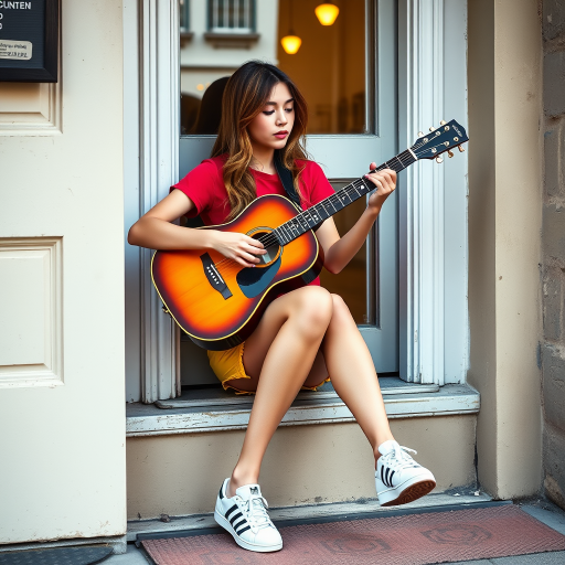 Ultra-realistic and very detailed image, high resolution and definition of a young woman, a rocker. She's sitting on the step of a doorway, with one leg stretched out, playing an acoustic guitar. The young woman is wearing a red T-shirt and yellow shorts. Adidas trainers. The door is glazed and mirrors the street.