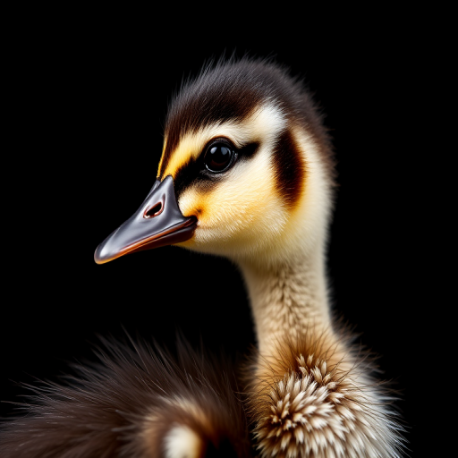 capture a close-up of a duckling with detailed feathers against a soft black background, using a DSLR camera at f/2.8 aperture, 1/200 sec shutter speed, ISO 100, with a macro lens for sharp focus and rich detail