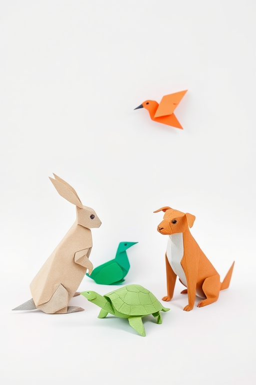 Create a minimalist scene featuring various origami animals including a rabbit, bird, turtle, and dog arranged artistically against a clean white background, captured with a DSLR camera using a 50mm lens, aperture set to f/2.8 for a shallow depth of field, ISO 100 for optimal clarity, and natural soft lighting to enhance the colors and textures of the paper.