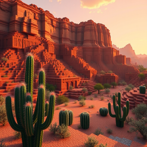 Generate a high-resolution image of a Minecraft desert scene with layered red rock formations and cacti in the foreground, sunset lighting for warm colors, use a DSLR camera type with a low aperture (f/2.8) for a shallow depth of field, focal length of 24mm for a wide-angle view, and maintain a resolution of 4K for enhanced detail.