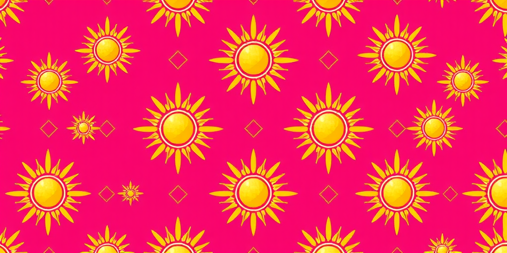 Create a seamless pattern design featuring alternating golden sun motifs and geometric shapes on a vibrant pink background, shot with a DSLR camera, f/8 aperture, ISO 100, 50mm lens for sharp detail and vibrant color clarity.