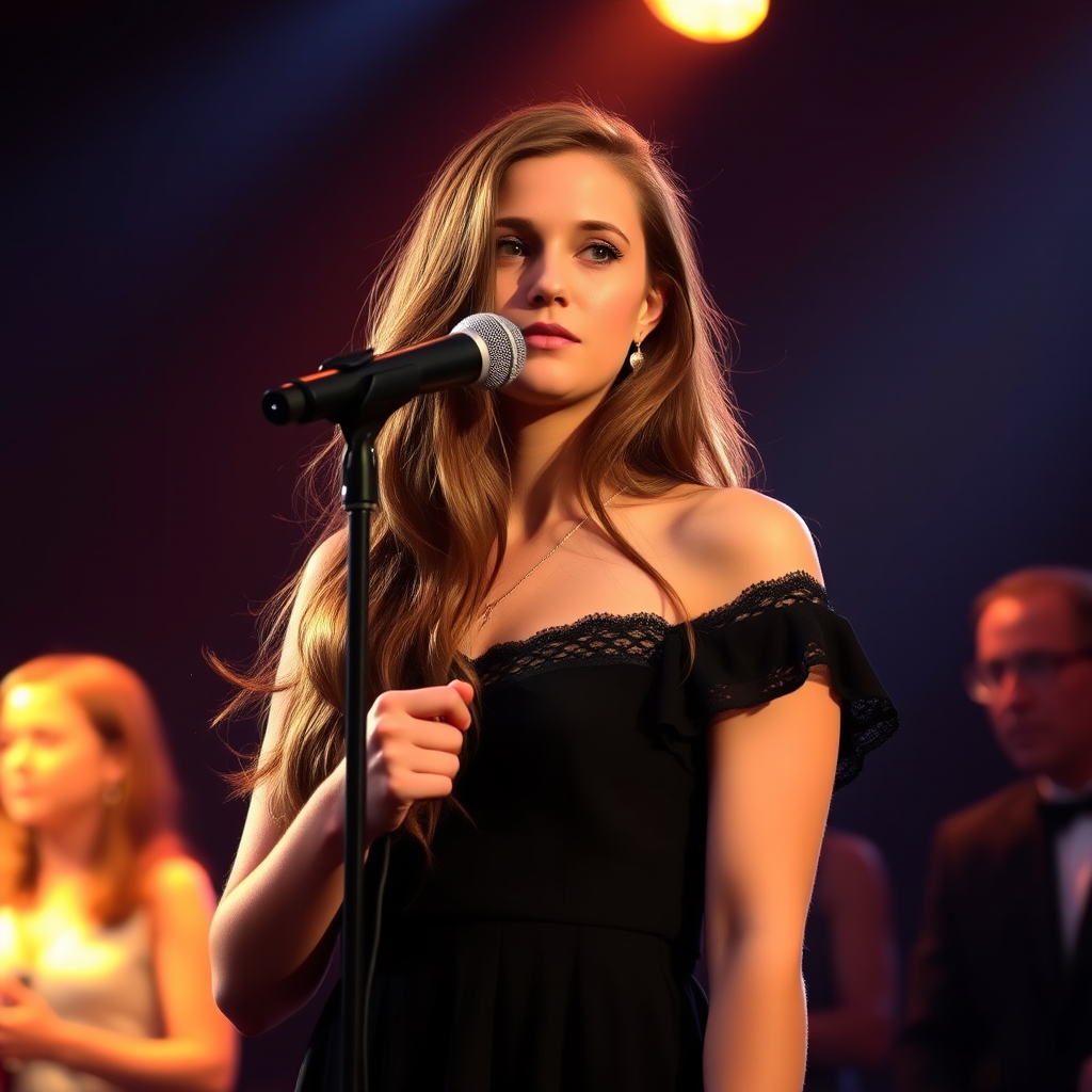 A young woman with long, flowing brown hair is standing in the center of the frame, holding a microphone in her right hand, and looking slightly off to the right side of the frame. She is wearing a black, off-the-shoulder dress with delicate lace detailing. The lighting is warm and dramatic, creating a spotlight effect on the singer. There are other figures in the background, blurred and out of focus, suggesting a concert or performance setting. The camera angle is low, capturing the woman from the waist up. The overall atmosphere is intimate and captivating.
