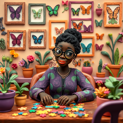 A vibrant and whimsical illustration of an african american woman sitting at a table working on a colorful jigsaw puzzle. she is wearing round glasses, and patterned clothing in shades of purple and green.  The background features an eclectic collection of framed butterflies, potted plants, and other natural elements, creating a warm and inviting atmosphere. The style is playful and modern, with rich textures, intricate details, and a lively color palette.