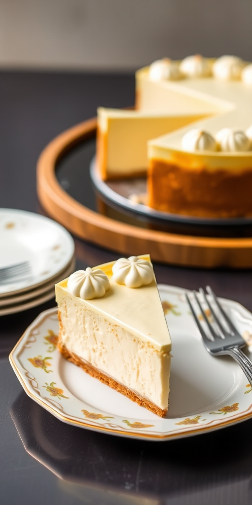 A slice of creamy cheesecake on a decorative white plate with a fork beside it, featuring a whole cheesecake in the background on a round serving tray, bright and appetizing presentation, natural lighting.