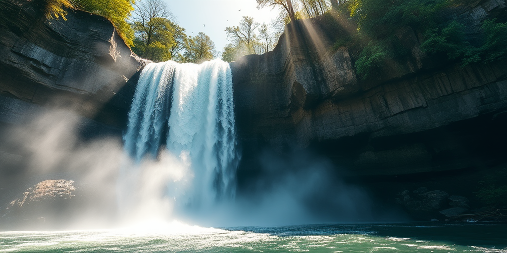 Sharp, high-resolution photo of a waterfall cascading down a rocky cliff, soft mist rising from the base, sunlight streaming through the trees, distant birds flying overhead, and the sound of rushing water filling the air.