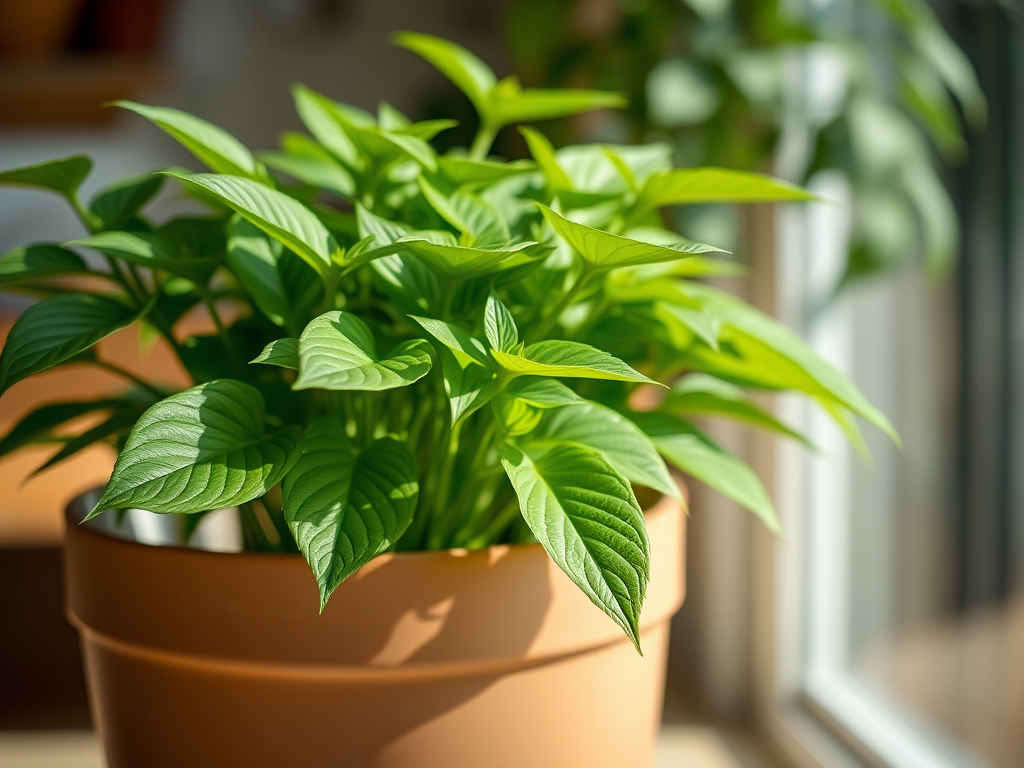 create a photorealistic image of a lush green potted plant, use a 50mm lens, aperture f/1.8, shutter speed 1/125s, ISO 100, captured from a slightly elevated angle with soft natural lighting.