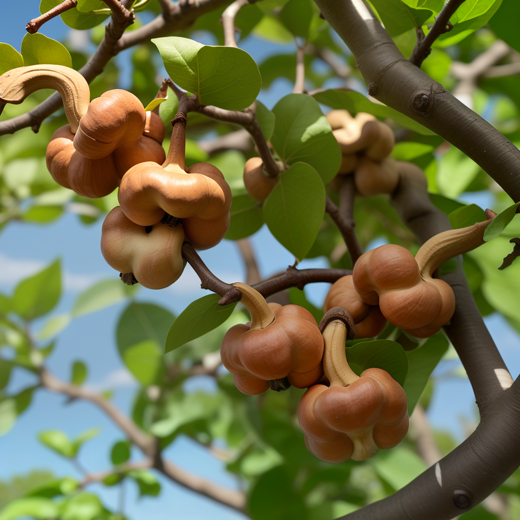 Clusters of Unusual Fruits Hanging from a Green Leafy Branch