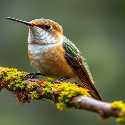 capture a detailed close-up photo of a hummingbird perched on a moss-covered branch using a Canon EOS R5 camera with a 100mm f/2.8 macro lens, aperture set to f/4, ISO 200, shutter speed 1/500s, natural light for soft illumination, with a shallow depth of field to blur the background.
