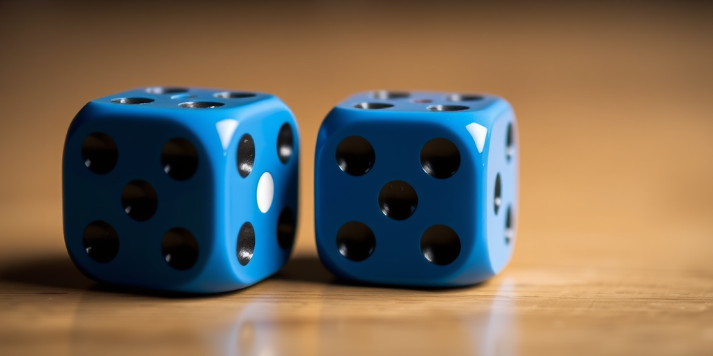 Regenerate an image of two blue dice showing black dots, with a depth of field effect, using a DSLR camera with a 50mm lens, aperture f/2.8, ISO 100, and a studio lighting setup for enhanced clarity.