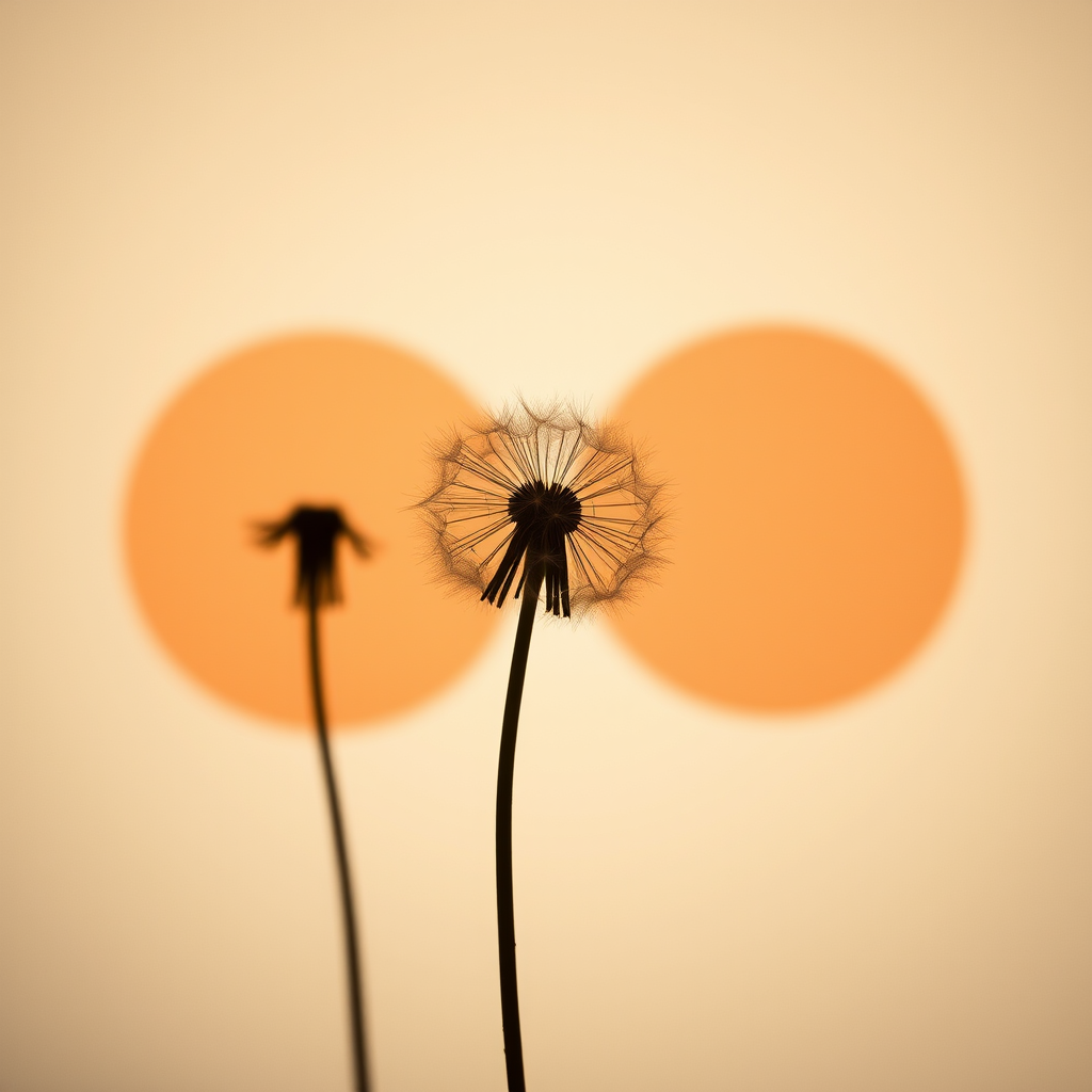 create an abstract design featuring delicate dandelion silhouettes with earthy toned circles in the background, shot with a Canon EOS R5 at f/1.8, ISO 100, 50mm lens, soft natural lighting, minimalist composition