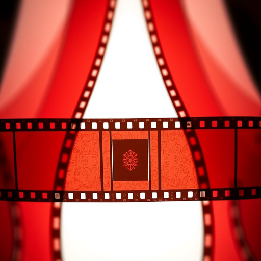 Create a high-resolution image of a stylized film strip featuring alternating red and black patterns with a central square design, captured with a DSLR camera at f/2.8, ISO 100, 24mm lens, shot from a low angle to enhance depth and contrast, using a soft focus effect for artistic flair.