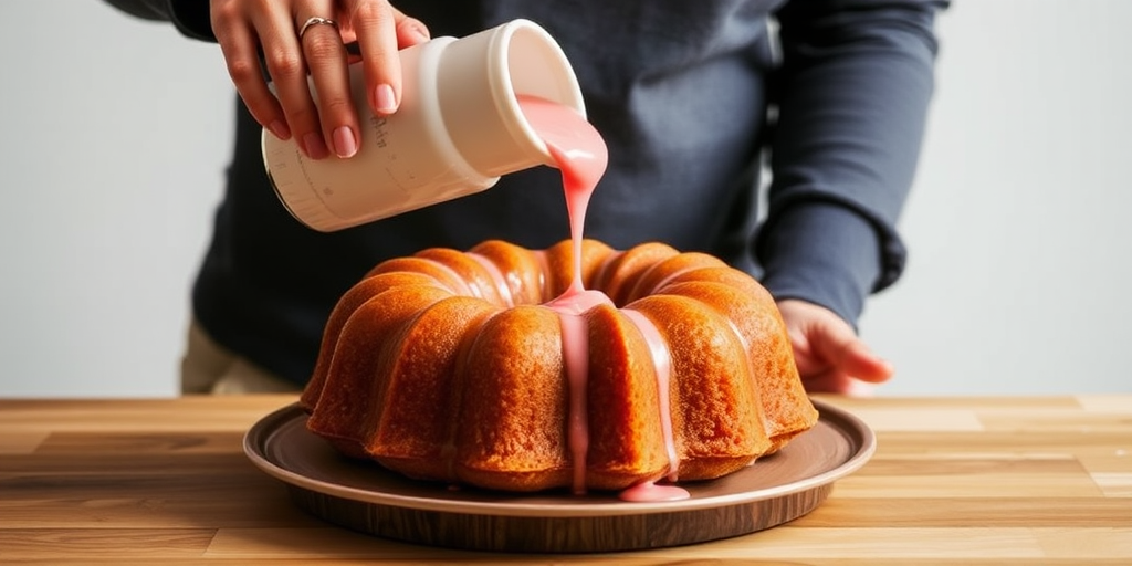 A person pouring pink sauce over a yellow bundt cake on a wooden surface with a light background.
