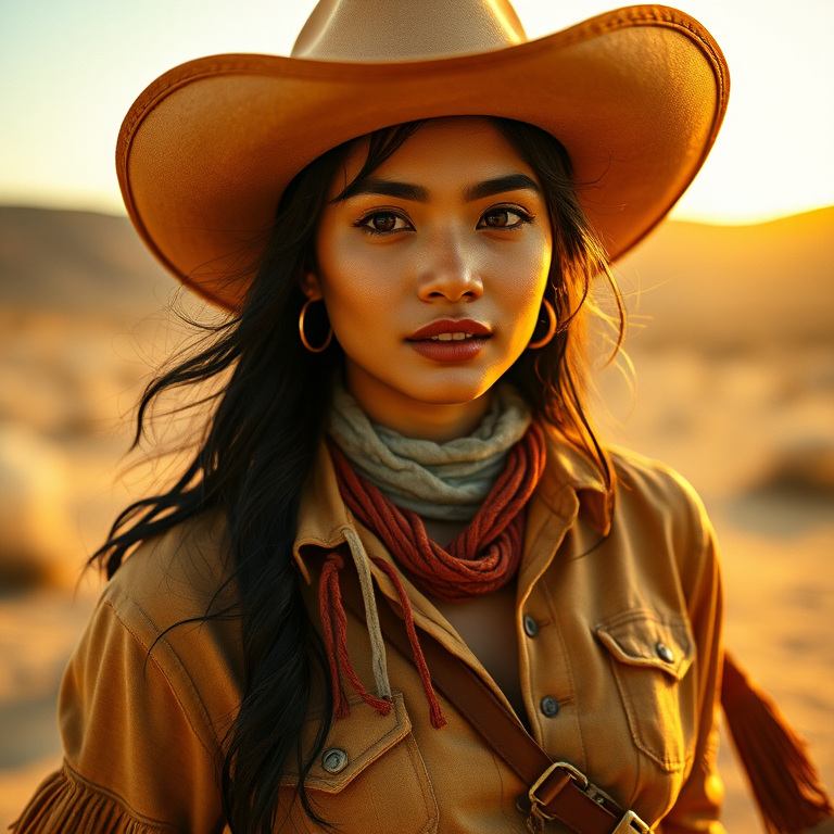 Dramatic photo of a beautiful Malay woman, classic cowboy attire, confident and free spirit expression, half-length portrait, centered, golden hour desert landscape, warm, diffused light, low angle, medium format film camera, in style of Annie Leibovitz.