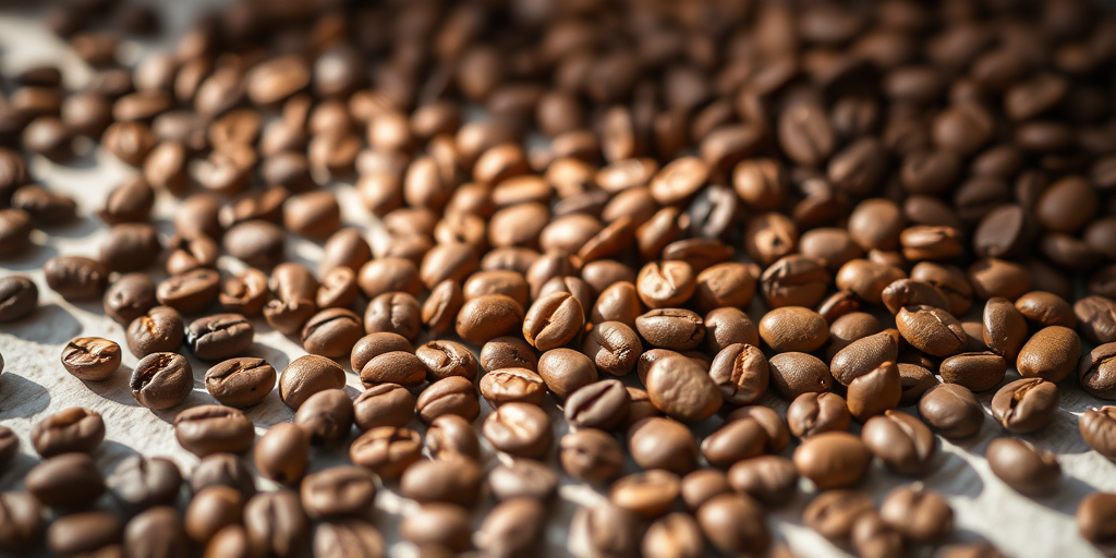 high-resolution image of unroasted coffee beans scattered on a surface, macro view, natural light, f/2.8 aperture, 1/200 sec shutter speed, ISO 100, DSLR camera