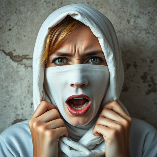 Create a close-up photographic image of a Turkmen woman with light skin tones shown against an old, worn wall. Their head is wrapped in a white cloth covering (i.e.... parts of the head except the nose and mouth, which are open as if they are screaming...), with a slight texture and visible folds in the fabric. Thin strands of blonde hair escape from the wrapping above, falling lightly at the top and sides. Their hands hold the fabric as if they are tugging nervously. The lighting is dramatic and even, casting strong shadows. The image has a minimalist and surreal style with an emphasis on simplicity with soft color tones. The composition is centered.