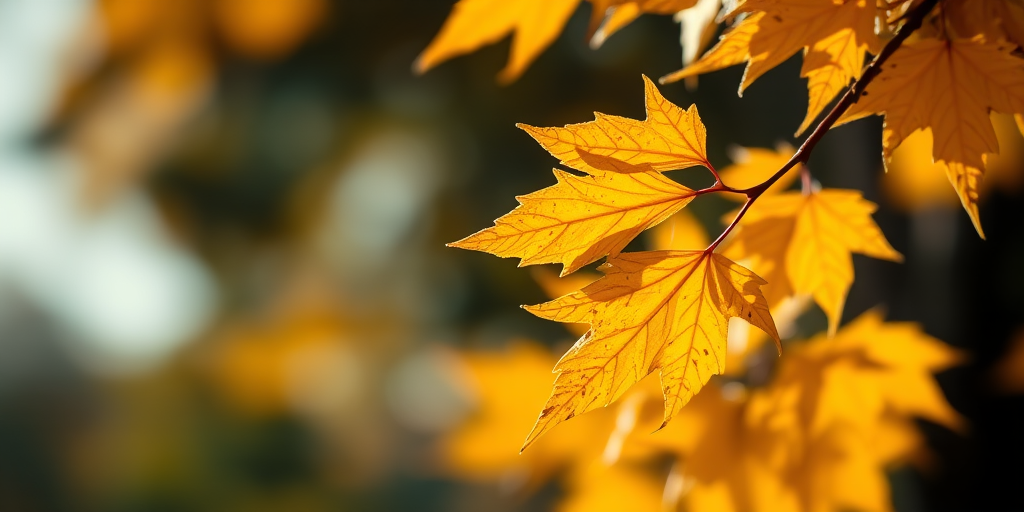 Golden autumn leaves in sharp focus against a blurred bokeh background, ISO 200, f/2.8, shutter speed 1/200s, 50mm lens, natural soft lighting, DSLR camera.