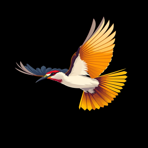 Generate a detailed vector illustration of a stylized bird in flight, capturing dynamic wing movement with vibrant colors, against a minimalist background, using a Canon EOS R5 camera, 85mm lens, f/1.8 aperture, ISO 100, and a high-resolution setting for crisp details.