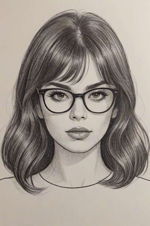 Fetching Charlie XCX, pencil sketch, portrait of Stunning woman 1967s in glasses, hair style beatnik, outline, clear lines, fine lines, 8k