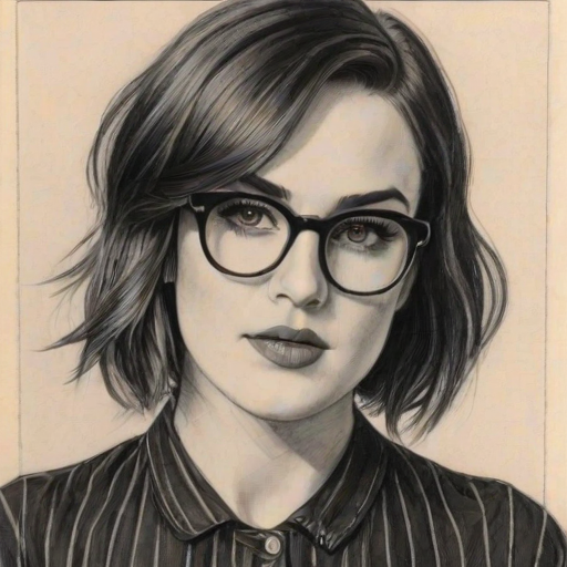 Delightful Rumer Willis, pencil sketch, portrait of Radiant woman 1922s in glasses, hair style beatnik, outline, clear lines, fine lines, 8k