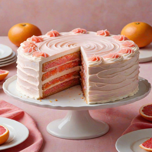Create an image of a beautifully decorated cake with smooth white frosting, featuring a swirl of pink frosting on top. Include slices of grapefruit around the cake for decoration, and place it on an elegant white cake stand. Use a simple, clean background that enhances the cake's colors.