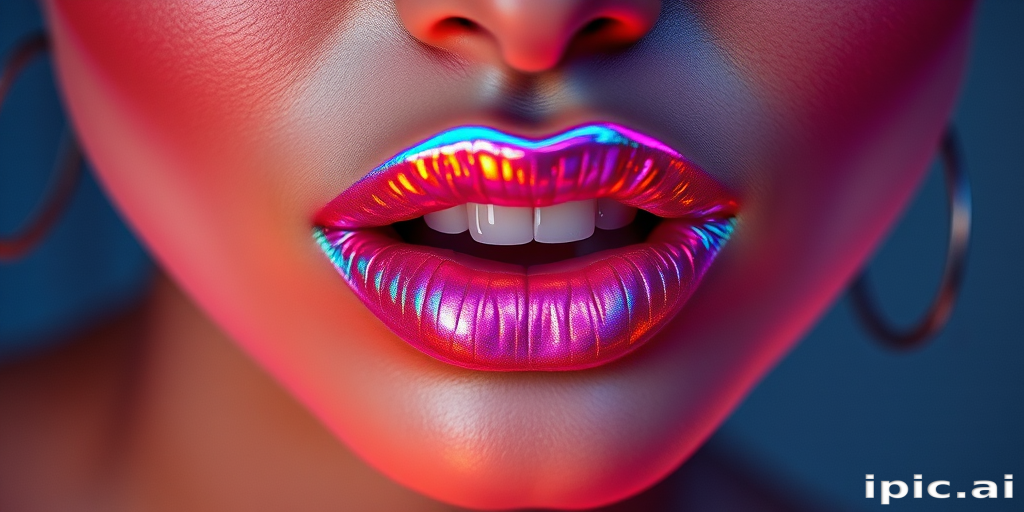 Holographic iridescent woman lips shifting colors in the light, showcasing futuristic and innovative makeup artistry