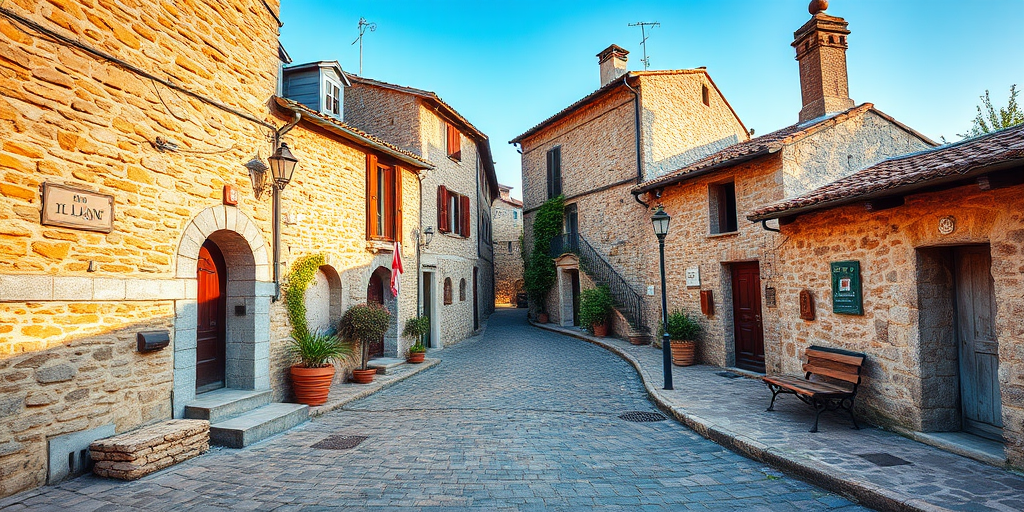 regenerate image of a picturesque cobblestone street in a rustic village with stone houses, taken with a DSLR camera, aperture f/8, ISO 100, 24mm focal length, in natural light, with a wide-angle view for enhanced depth and detail, vibrant colors and clear sky.