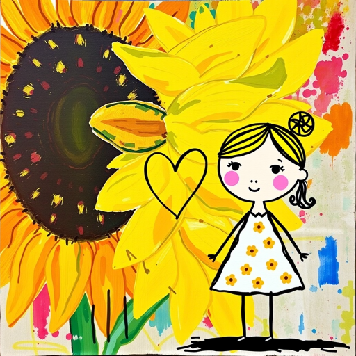 Stylized impressionism painting of a large sunflower with an oversized center and colorful petals. Beside, a young female character with eyes represented by dots and a mouth by a line, pink cheeks, hair attached, arms and legs a black line, flowery white dress triangle shape. A yellow heart surrounded by a black line between the two. Textured background with touches of colorful paint. Childish style.