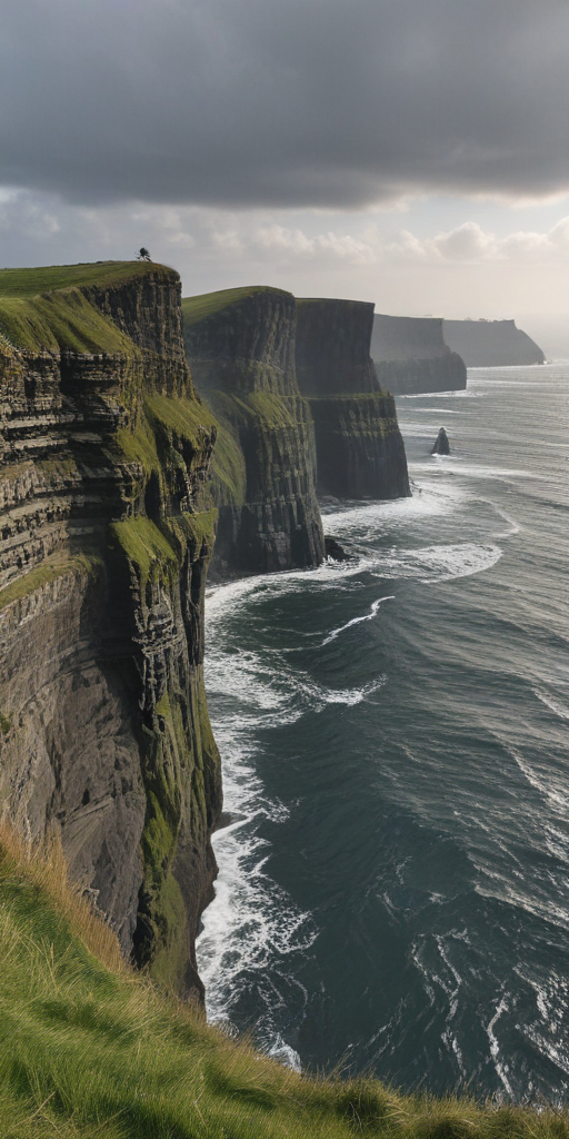 Majestic Cliffs Overlooking Turquoise Waters Under a Dramatic Cloudy Sky