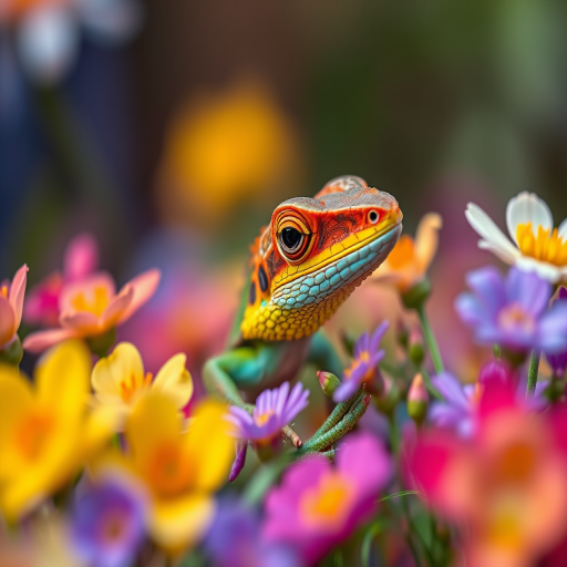 Create a highly detailed close-up of a colorful lizard resting among vibrant flowers in an artistic style, using a Canon EOS R5 with a 50mm f/1.2 lens, aperture set to f/2.8, ISO 100, and a shallow depth of field to enhance focus on the lizard while softly blurring the background.