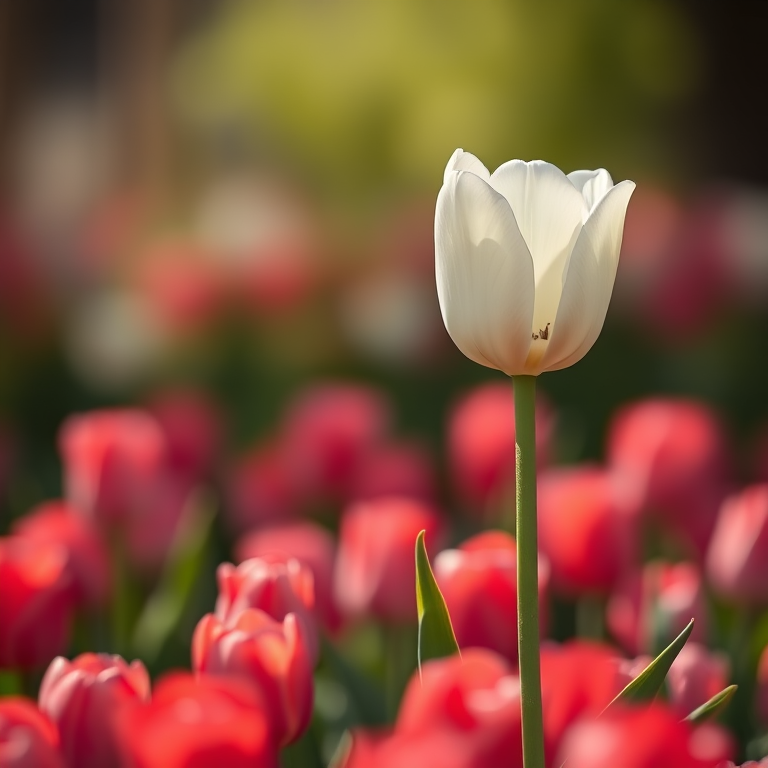 Capture a close-up of a single white tulip standing tall among a field of blurred tulips, aperture f/1.8, ISO 100, shutter speed 1/200s, 50mm lens, natural light, soft focus background, shallow depth of field.