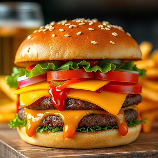 High-resolution, close-up image of a gourmet double cheeseburger. The burger features a glossy, sesame-seed-topped brioche bun. Inside, there are two thick, juicy beef patties, each topped with melted cheddar cheese. The burger is garnished with fresh lettuce, tomato slices, diced onions, and pickles. A generous amount of ketchup and a creamy, orange-colored sauce is dripping down the sides, adding to the mouth-watering appeal. In the background, there are blurred elements including a side of golden French fries and a hint of a beverage, enhancing the overall presentation of a delicious meal.
