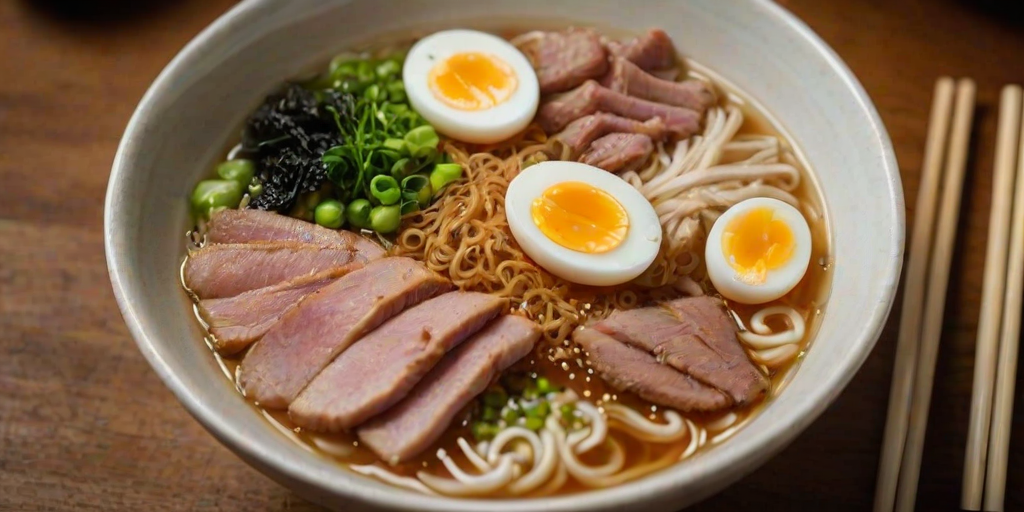 Sharp, detailed photo of a fresh bowl of ramen, steam rising from the broth, soft light reflecting off the noodles, slices of pork and soft-boiled eggs arranged on top, chopsticks resting on the edge of the bowl, the smell of savory broth filling the air.