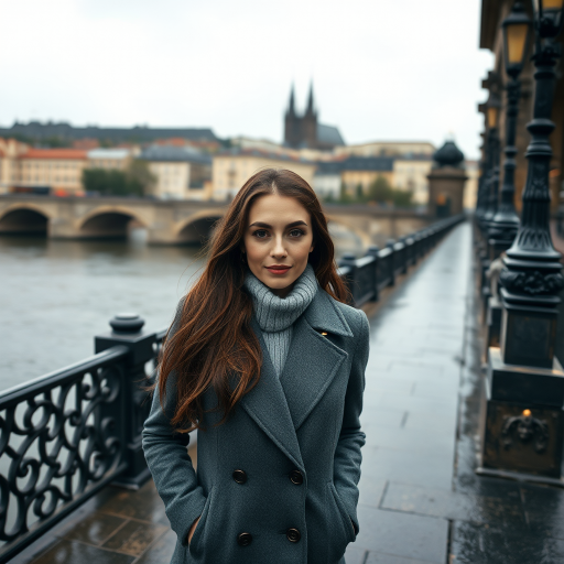 cinematic photo from above, waist up shot, sharp focus, a beautiful woman in foreground, in Prague, at the Charles Bridge, river in background, overcast rainy day, wearing long grey wool coat, warm rich color palette