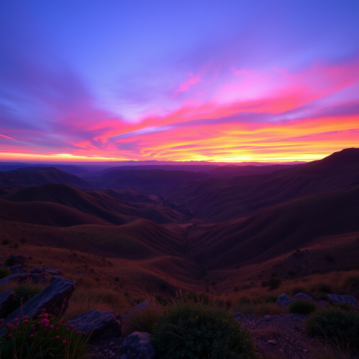 Generate a vibrant landscape at sunset with colorful hills and valleys, capturing a purple and orange sky, using a DSLR camera with a 24mm lens, aperture f/8, ISO 100, and a low angle view to emphasize depth and color saturation.