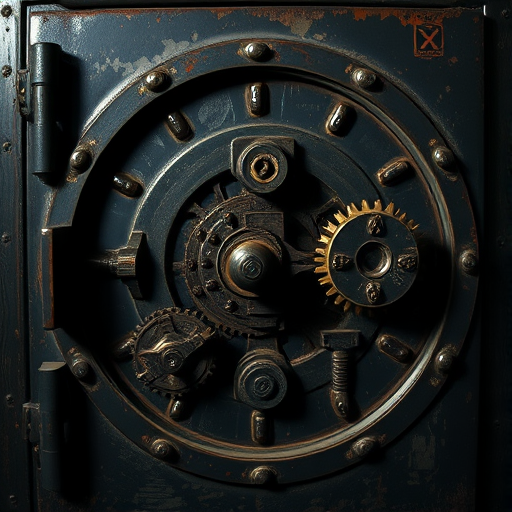create an image of an antique safe door with intricate gears and a weathered texture, dimly lit from one side, using a Canon EOS R5 with a 50mm f/1.2 lens at ISO 100, aperture f/2.8, and shutter speed 1/60s in a close-up view to enhance details and depth.