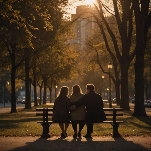 Low-light, intimate photo of a couple sitting together on a park bench at sunset, softly lit by a nearby streetlamp, leaves gently falling around them, their hands intertwined, shadows from the trees surrounding them, a distant city skyline barely visible on the horizon.