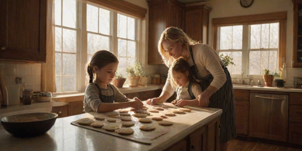 Cozy kitchen scene, with a mother baking cookies, her children helping by rolling out dough, the warm scent of vanilla wafting through the air, and sunlight streaming through the window.