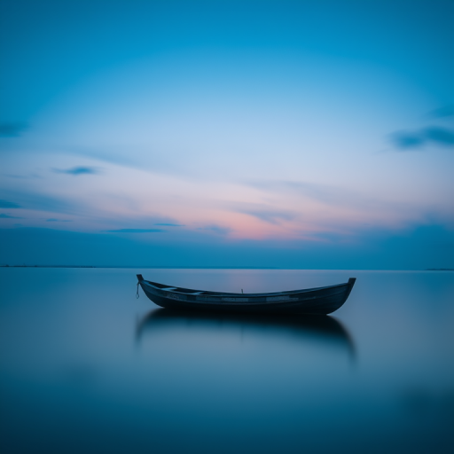 A tranquil landscape at dusk featuring a solitary wooden boat floating on calm water, soft blue and purple hues in the sky, with reflections on the water surface, captured with a full-frame DSLR camera, using a 35mm lens, aperture set to f/8 for depth of field, ISO 100 for clarity, and a slow shutter speed of 15 seconds to enhance the smoothness of the water surface.