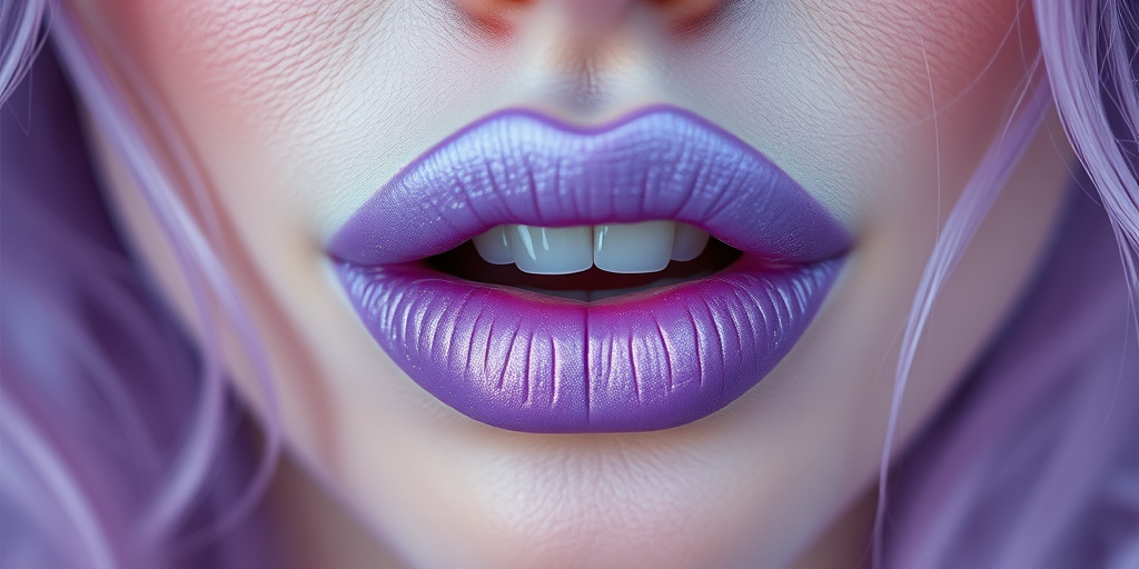 Enchanting lavender lips with a frosted finish, creating an otherworldly and ethereal look, captured in a dreamlike and surreal beauty photograph