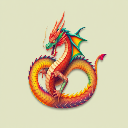 Create a vibrant illustration of a dragon intertwined with rainbow colors, featuring intricate scales and a dynamic pose, using a DSLR camera with a 50mm lens, f/1.8 aperture, ISO 200, shot from an overhead view to enhance detail and color saturation.
