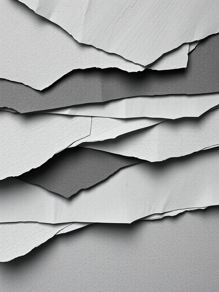 Create a monochromatic abstract artwork featuring layered textures of paper with varying shades of gray, using a full-frame camera with a 50mm lens, aperture set to f/8 for depth of field, ISO 100 for clarity, and a natural light setup to enhance contrasts.